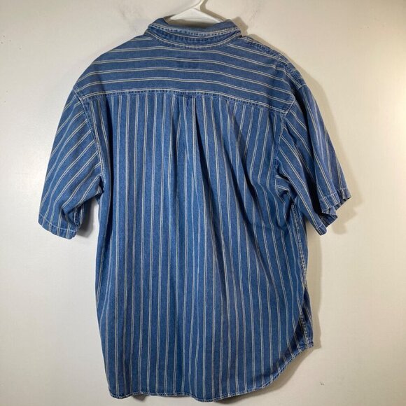 Mens Vintage Basic Editions Striped Denim Button Shirt Short Sleeve Blue Tan L - Picture 2 of 6